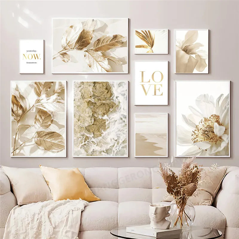 Nordic Modern Art Picture Canvas Painting Wall Art Golden Leaf Beach Scenery Poster and Print for Home Decor Living Room Design