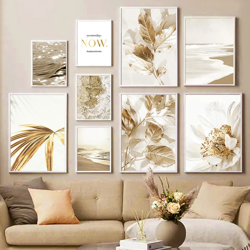 Nordic Modern Art Picture Canvas Painting Wall Art Golden Leaf Beach Scenery Poster and Print for Home Decor Living Room Design