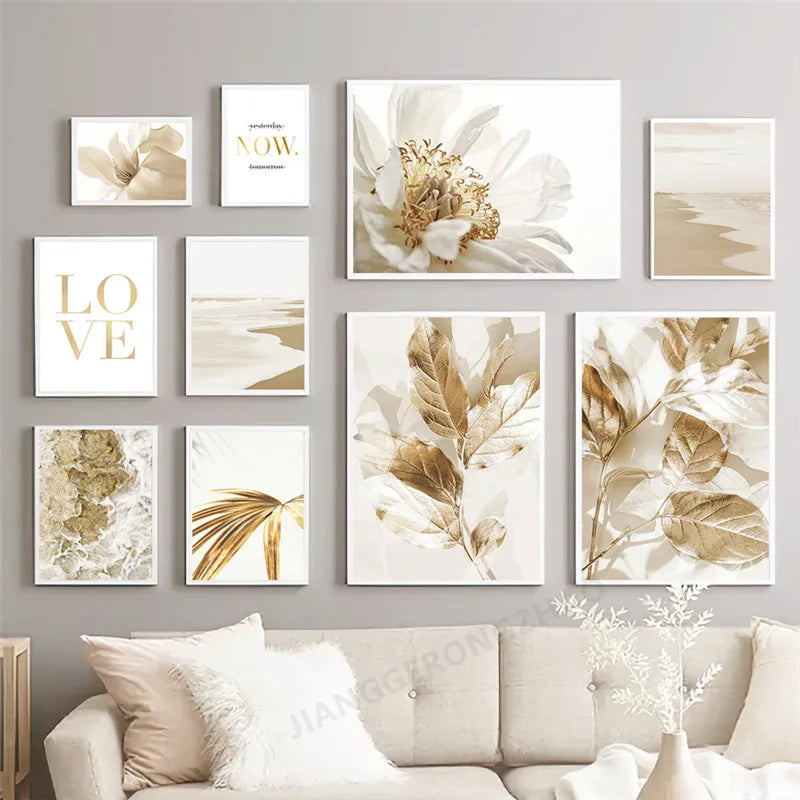 Nordic Modern Art Picture Canvas Painting Wall Art Golden Leaf Beach Scenery Poster and Print for Home Decor Living Room Design