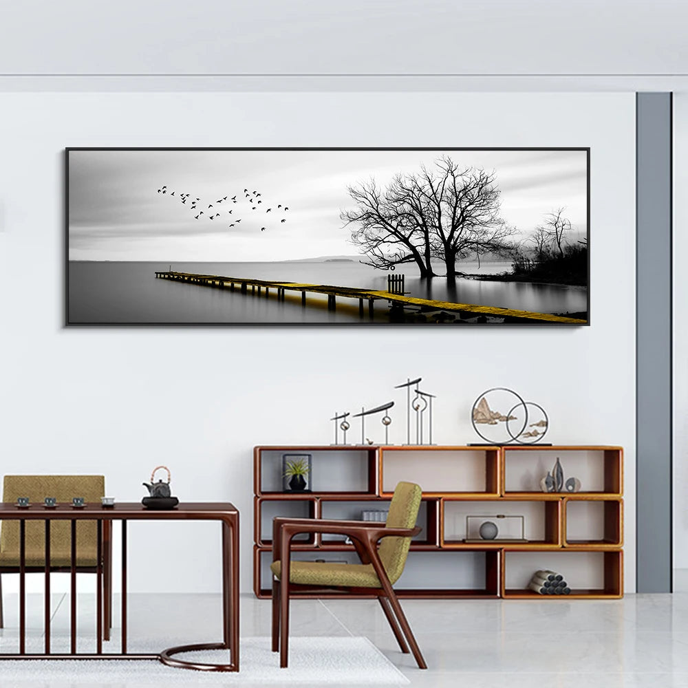 Landscape Canvas Paintings On The Wall Posters And Prints Seaside Golden Wooden Bridge Canvas Pictures For Bed Room Home Decor