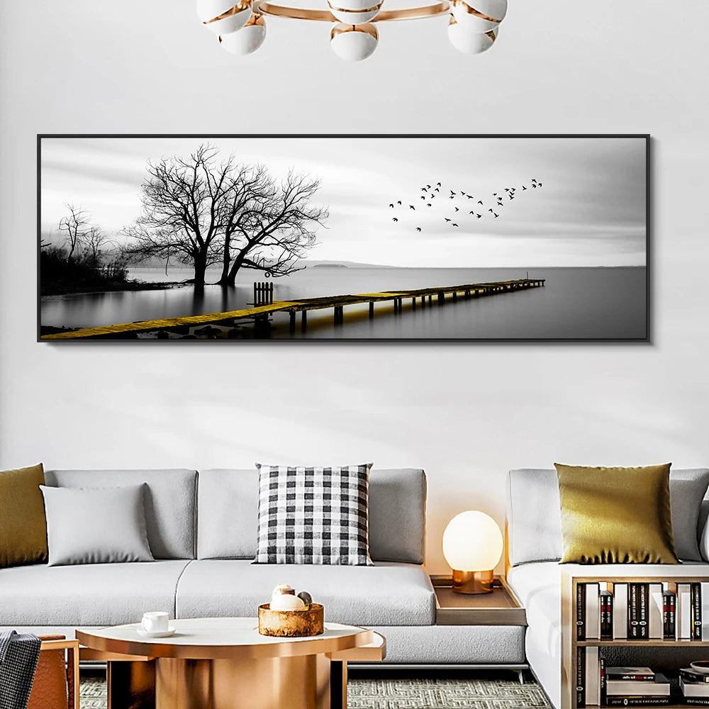 Landscape Canvas Paintings On The Wall Posters And Prints Seaside Golden Wooden Bridge Canvas Pictures For Bed Room Home Decor