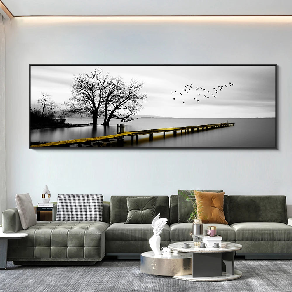 Landscape Canvas Paintings On The Wall Posters And Prints Seaside Golden Wooden Bridge Canvas Pictures For Bed Room Home Decor