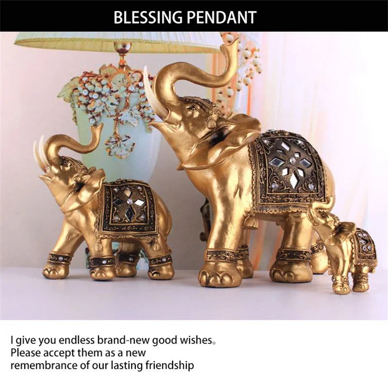 Golden Resin Elephant Statue Lucky Feng Shui Elegant Elephant Trunk Sculpture Lucky Wealth Figurine Crafts Home Decoration Gift