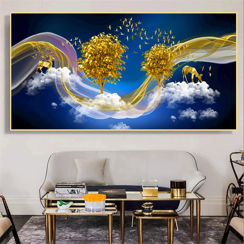 Abstract Luxury Lucky Gold Coin Leaf Golden Rich Tree Canvas Painting Posters and Prints Wall Art Pictures Home Decor No Frame