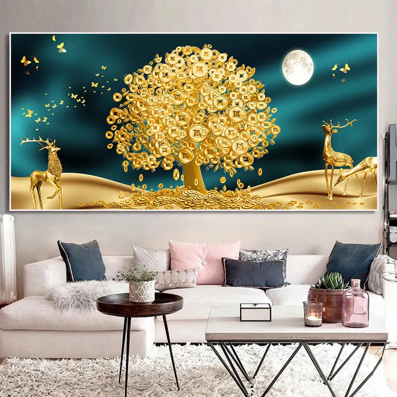 Abstract Luxury Lucky Gold Coin Leaf Golden Rich Tree Canvas Painting Posters and Prints Wall Art Pictures Home Decor No Frame