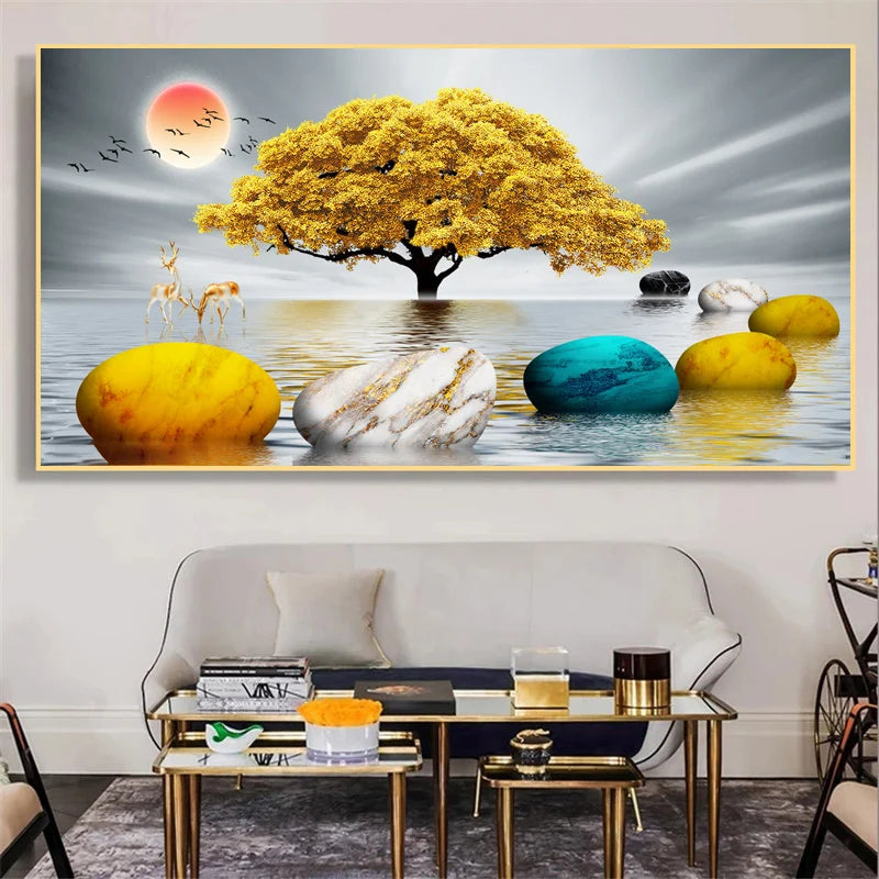 Abstract Luxury Lucky Gold Coin Leaf Golden Rich Tree Canvas Painting Posters and Prints Wall Art Pictures Home Decor No Frame