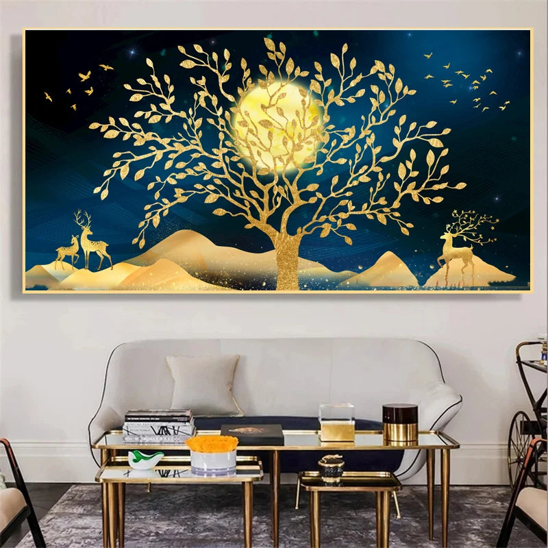 Abstract Luxury Lucky Gold Coin Leaf Golden Rich Tree Canvas Painting Posters and Prints Wall Art Pictures Home Decor No Frame