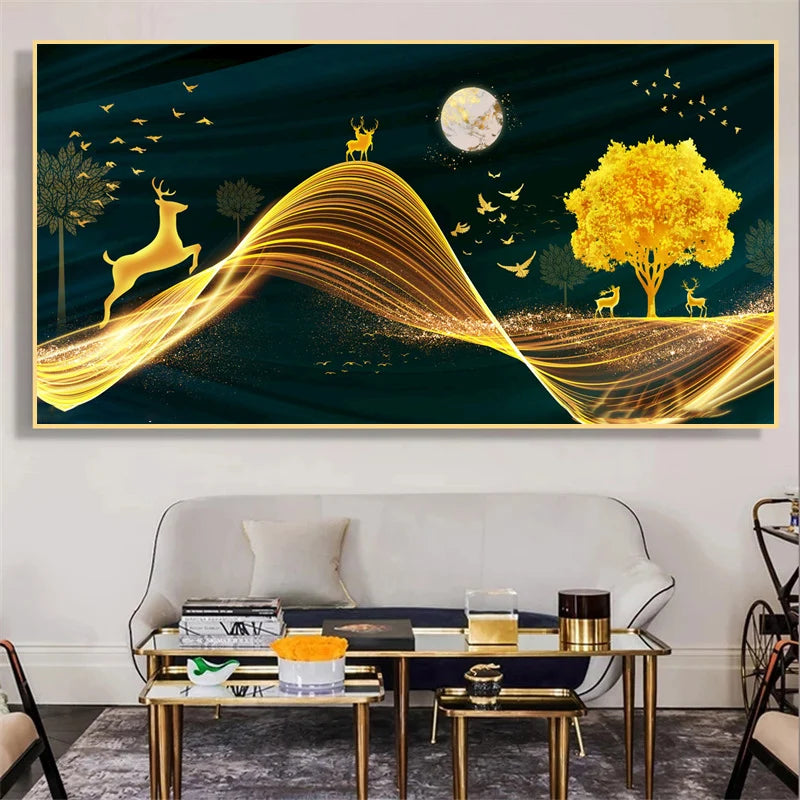 Abstract Luxury Lucky Gold Coin Leaf Golden Rich Tree Canvas Painting Posters and Prints Wall Art Pictures Home Decor No Frame