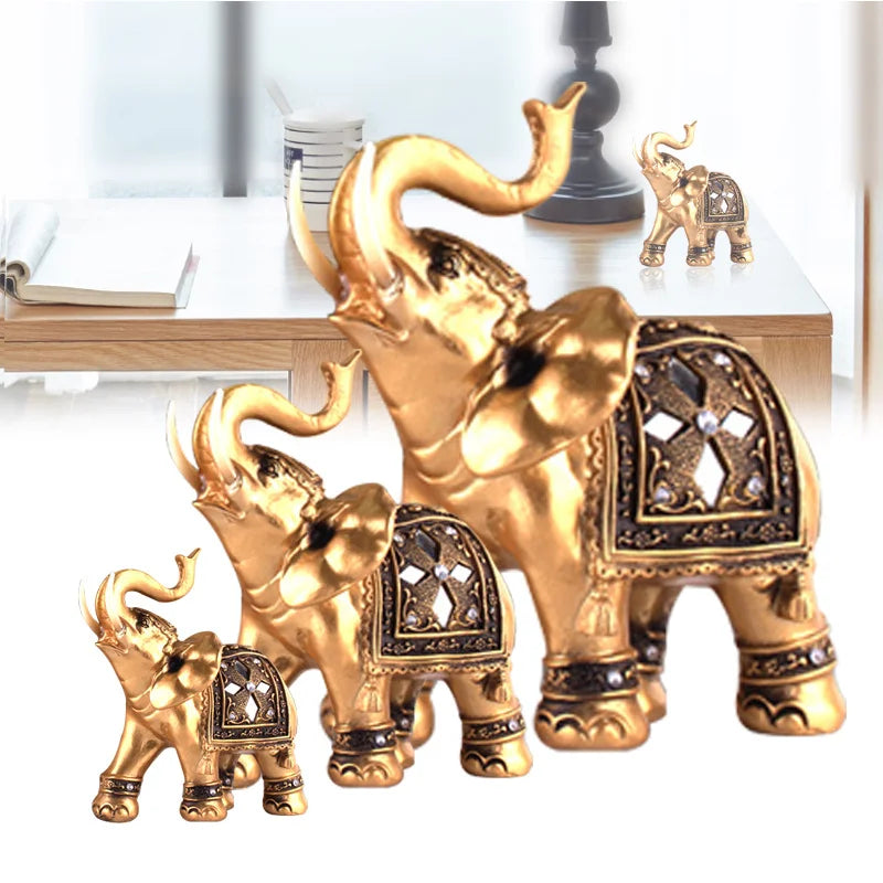 Golden Resin Elephant Statue Lucky Feng Shui Elegant Elephant Trunk Sculpture Lucky Wealth Figurine Crafts Home Decoration Gift