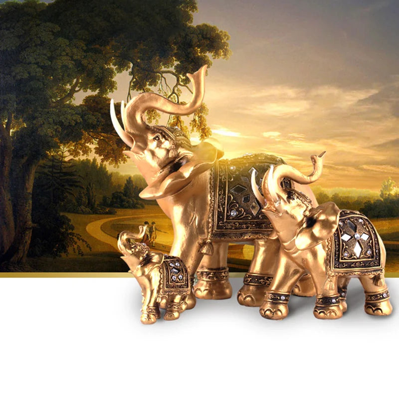 Golden Resin Elephant Statue Lucky Feng Shui Elegant Elephant Trunk Sculpture Lucky Wealth Figurine Crafts Home Decoration Gift