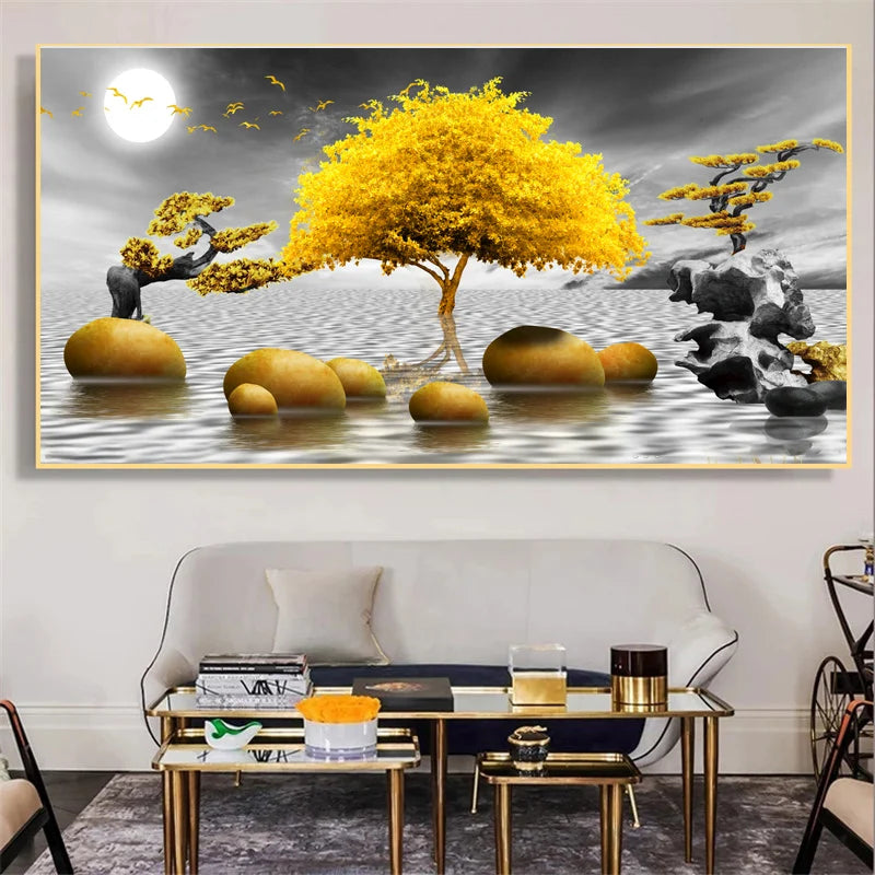 Abstract Luxury Lucky Gold Coin Leaf Golden Rich Tree Canvas Painting Posters and Prints Wall Art Pictures Home Decor No Frame