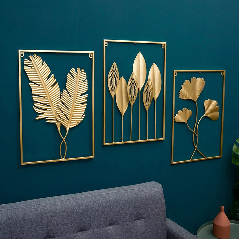 Golden Round Wall Hanging Nordic Light Luxury Round Wall Hanging Palm Leaf Ginkgo Leaf Metal Wall Hanging Home Decoration