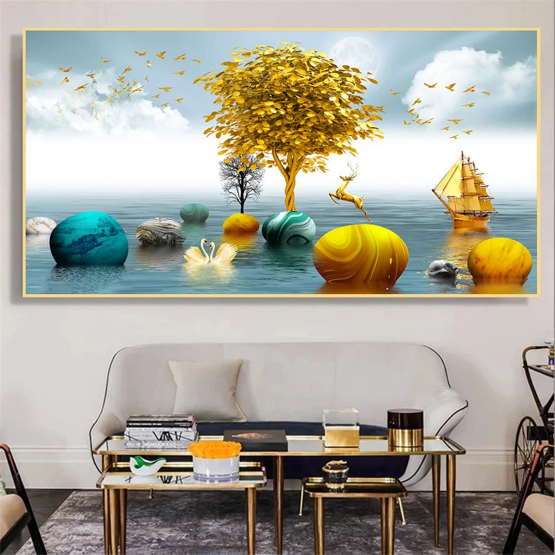 Abstract Luxury Lucky Gold Coin Leaf Golden Rich Tree Canvas Painting Posters and Prints Wall Art Pictures Home Decor No Frame