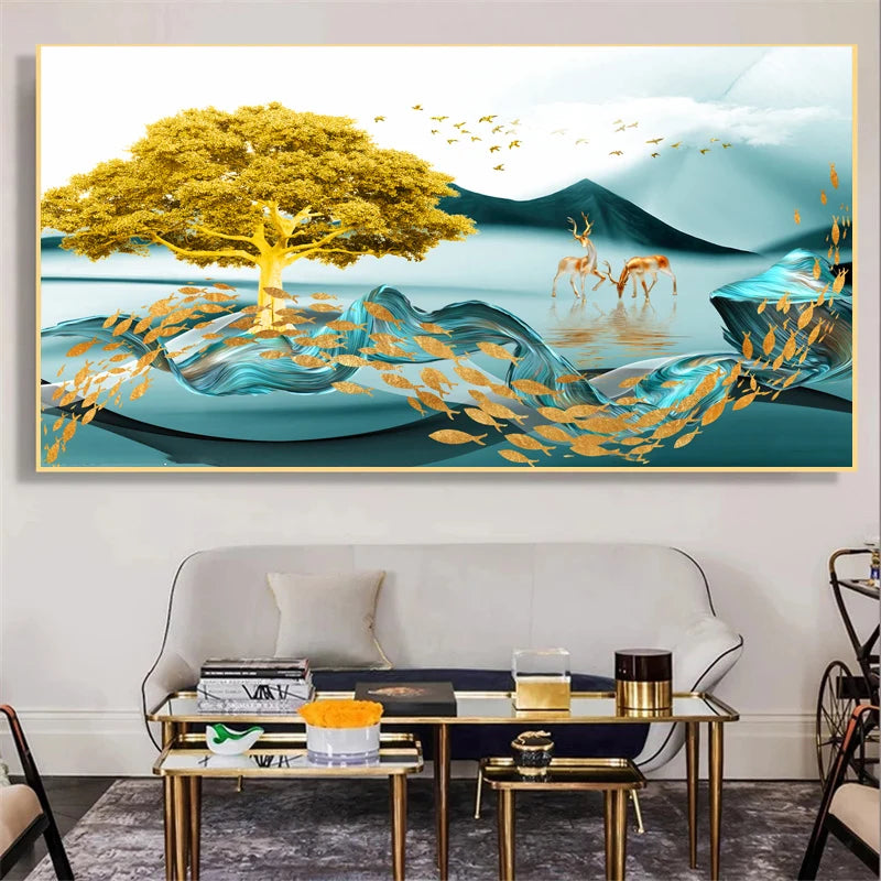 Abstract Luxury Lucky Gold Coin Leaf Golden Rich Tree Canvas Painting Posters and Prints Wall Art Pictures Home Decor No Frame