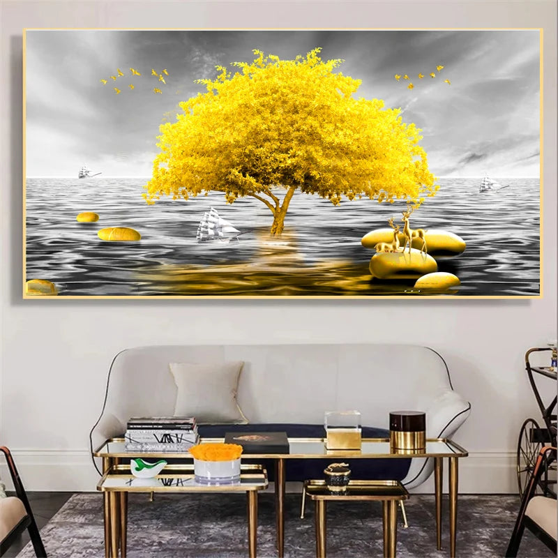 Abstract Luxury Lucky Gold Coin Leaf Golden Rich Tree Canvas Painting Posters and Prints Wall Art Pictures Home Decor No Frame