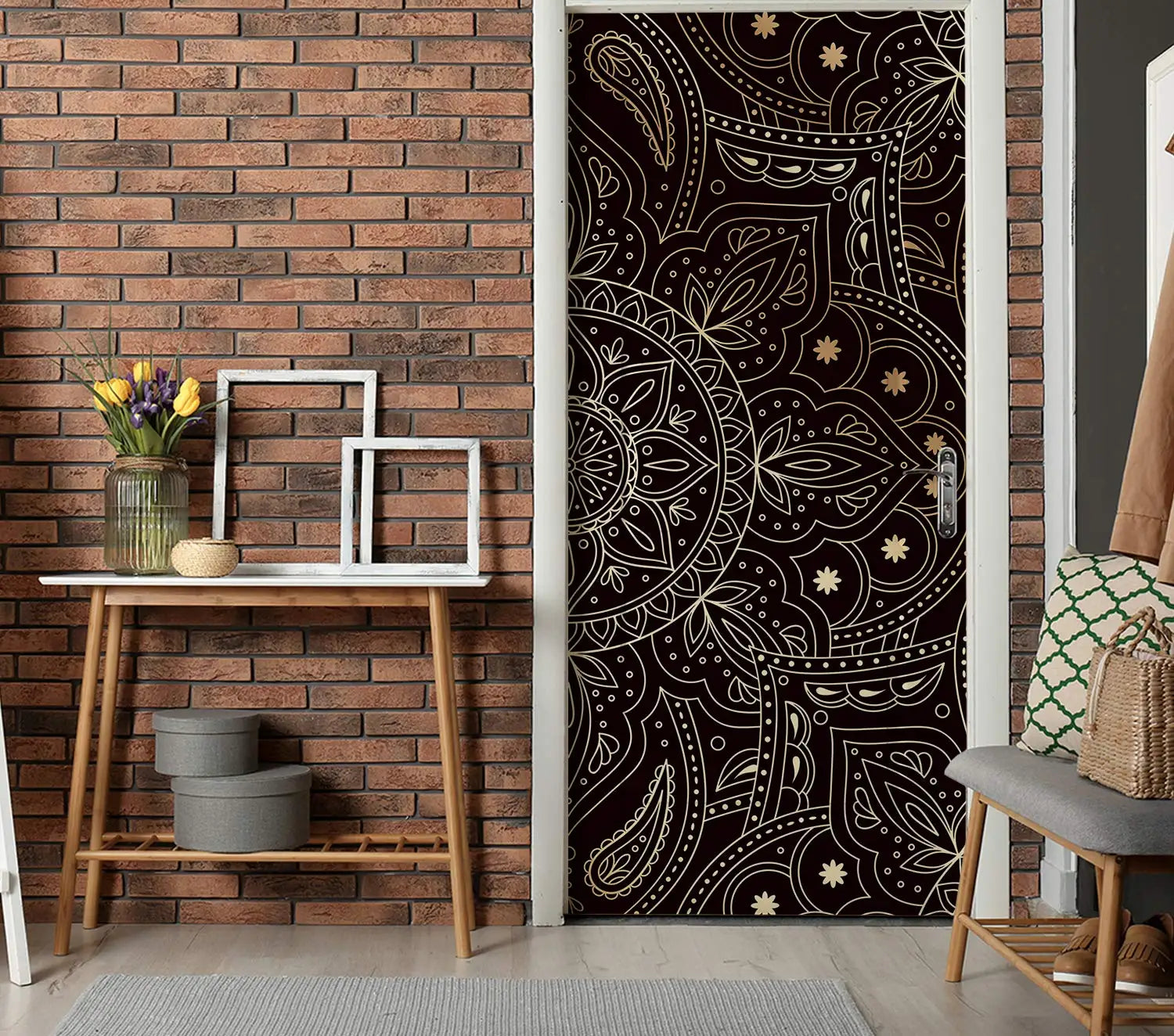 Bohemian Mandala Door Stickers Black and Golden Painting Wallpaper Yoga Living Room Bedroom Home Interior Art Decal Door Decor