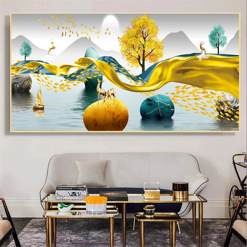 Abstract Luxury Lucky Gold Coin Leaf Golden Rich Tree Canvas Painting Posters and Prints Wall Art Pictures Home Decor No Frame