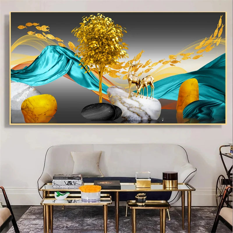 Abstract Luxury Lucky Gold Coin Leaf Golden Rich Tree Canvas Painting Posters and Prints Wall Art Pictures Home Decor No Frame