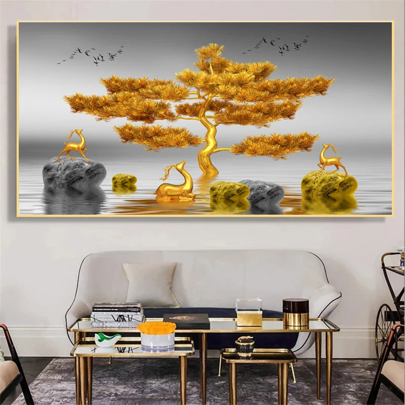 Abstract Luxury Lucky Gold Coin Leaf Golden Rich Tree Canvas Painting Posters and Prints Wall Art Pictures Home Decor No Frame