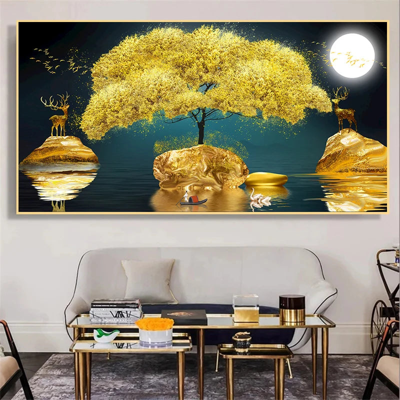 Abstract Luxury Lucky Gold Coin Leaf Golden Rich Tree Canvas Painting Posters and Prints Wall Art Pictures Home Decor No Frame