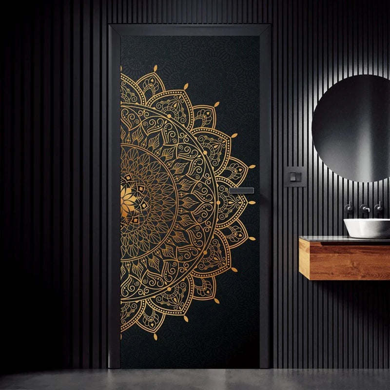 Bohemian Mandala Door Stickers Black and Golden Painting Wallpaper Yoga Living Room Bedroom Home Interior Art Decal Door Decor