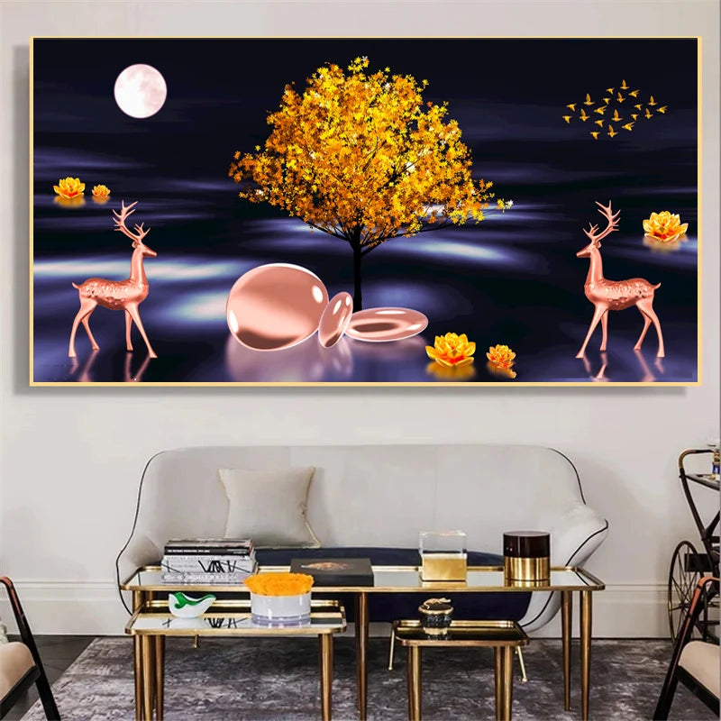 Abstract Luxury Lucky Gold Coin Leaf Golden Rich Tree Canvas Painting Posters and Prints Wall Art Pictures Home Decor No Frame