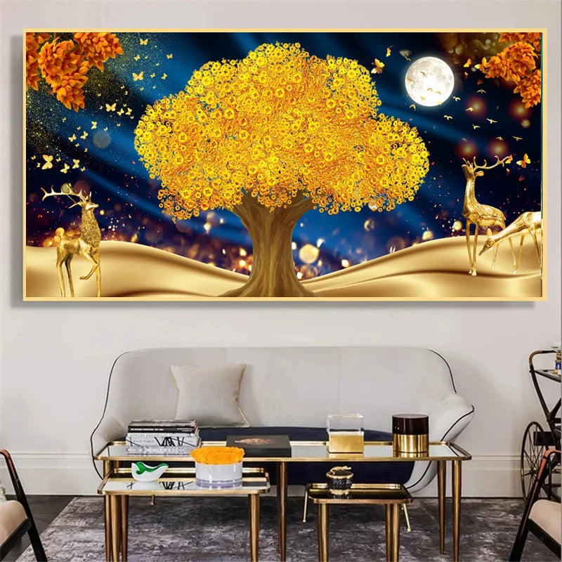 Abstract Luxury Lucky Gold Coin Leaf Golden Rich Tree Canvas Painting Posters and Prints Wall Art Pictures Home Decor No Frame