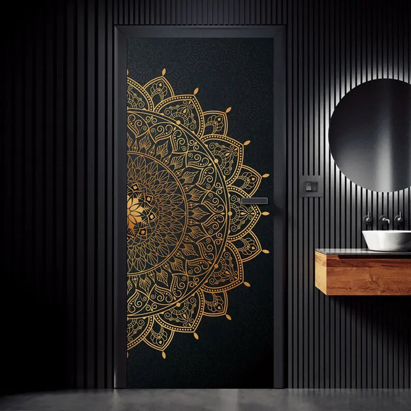 Bohemian Mandala Door Stickers Black and Golden Painting Wallpaper Yoga Living Room Bedroom Home Interior Art Decal Door Decor