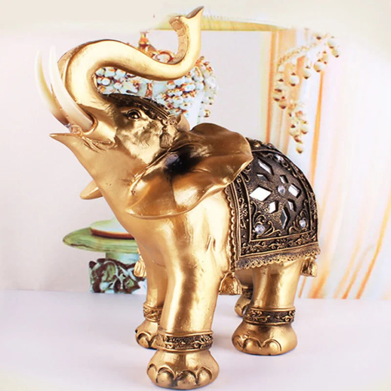 Golden Resin Elephant Statue Lucky Feng Shui Elegant Elephant Trunk Sculpture Lucky Wealth Figurine Crafts Home Decoration Gift