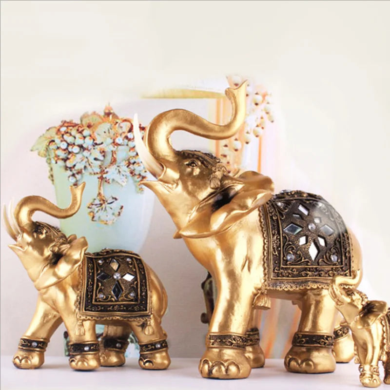 Golden Resin Elephant Statue Lucky Feng Shui Elegant Elephant Trunk Sculpture Lucky Wealth Figurine Crafts Home Decoration Gift