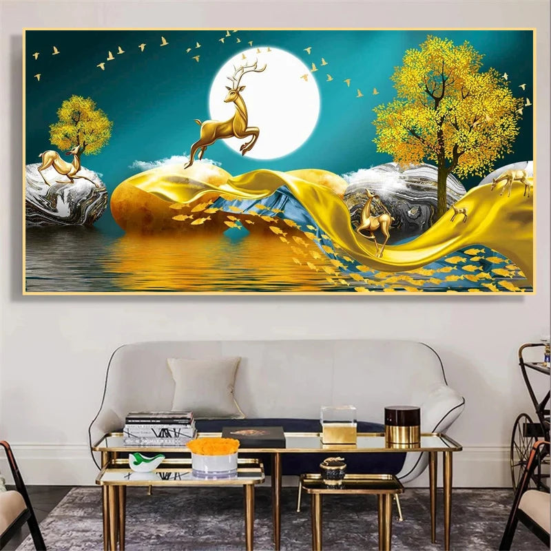 Abstract Luxury Lucky Gold Coin Leaf Golden Rich Tree Canvas Painting Posters and Prints Wall Art Pictures Home Decor No Frame