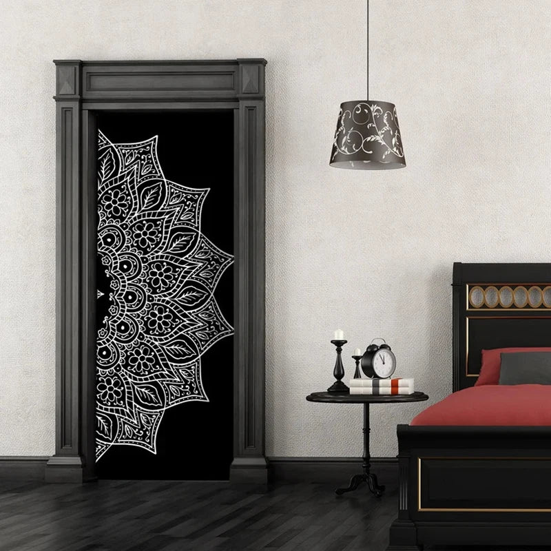 Bohemian Mandala Door Stickers Black and Golden Painting Wallpaper Yoga Living Room Bedroom Home Interior Art Decal Door Decor