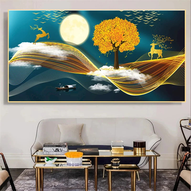 Abstract Luxury Lucky Gold Coin Leaf Golden Rich Tree Canvas Painting Posters and Prints Wall Art Pictures Home Decor No Frame