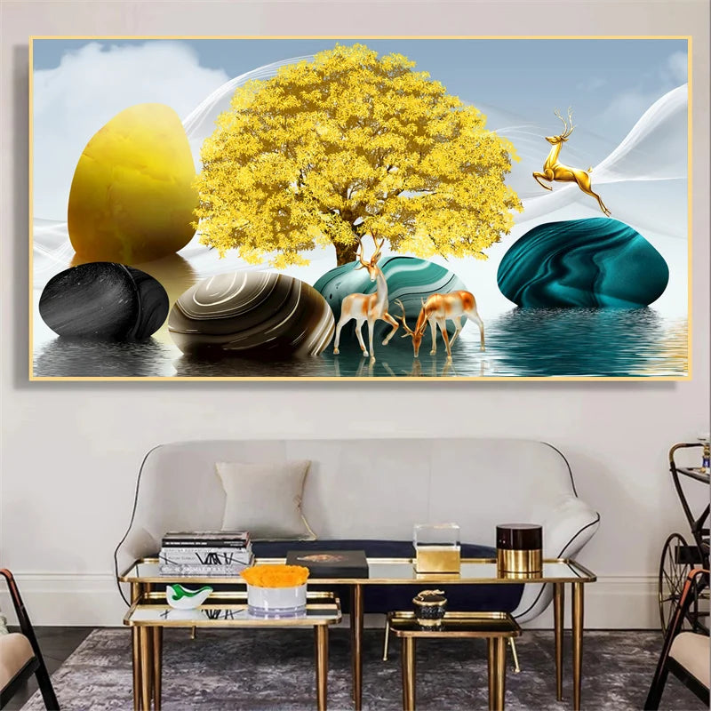 Abstract Luxury Lucky Gold Coin Leaf Golden Rich Tree Canvas Painting Posters and Prints Wall Art Pictures Home Decor No Frame