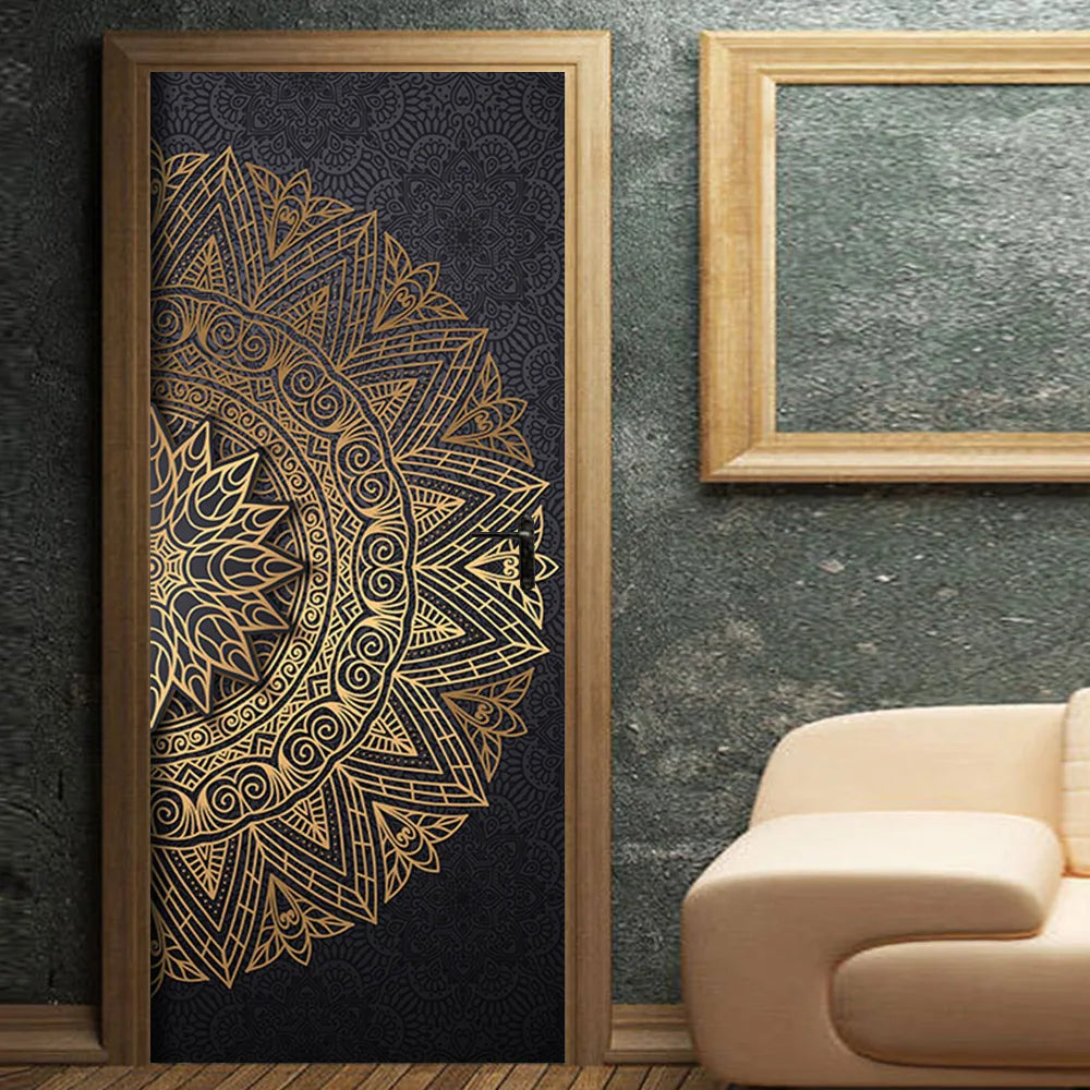 Bohemian Mandala Door Stickers Black and Golden Painting Wallpaper Yoga Living Room Bedroom Home Interior Art Decal Door Decor