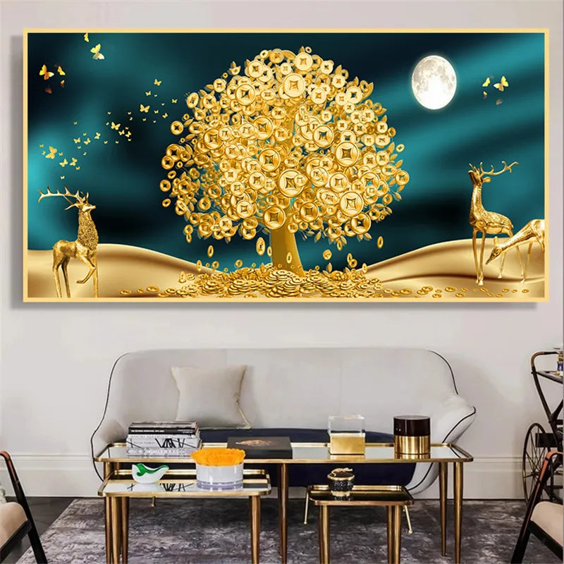 Abstract Luxury Lucky Gold Coin Leaf Golden Rich Tree Canvas Painting Posters and Prints Wall Art Pictures Home Decor No Frame