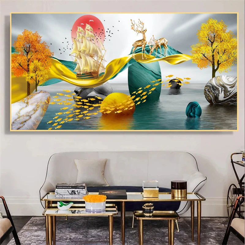 Abstract Luxury Lucky Gold Coin Leaf Golden Rich Tree Canvas Painting Posters and Prints Wall Art Pictures Home Decor No Frame