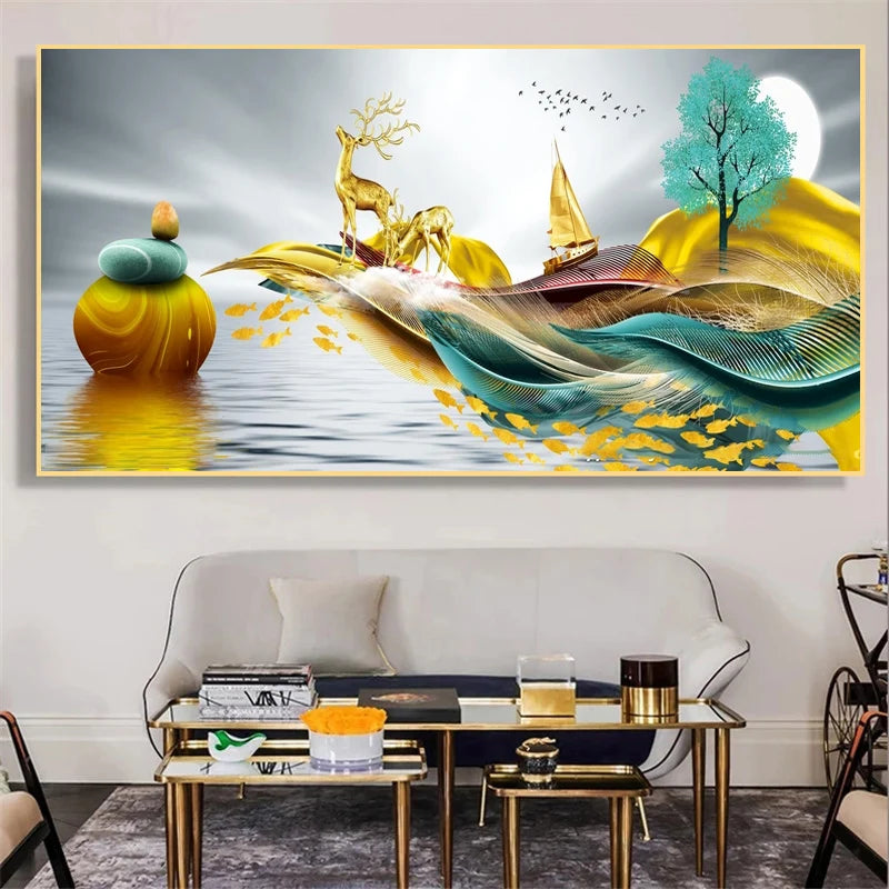 Abstract Luxury Lucky Gold Coin Leaf Golden Rich Tree Canvas Painting Posters and Prints Wall Art Pictures Home Decor No Frame