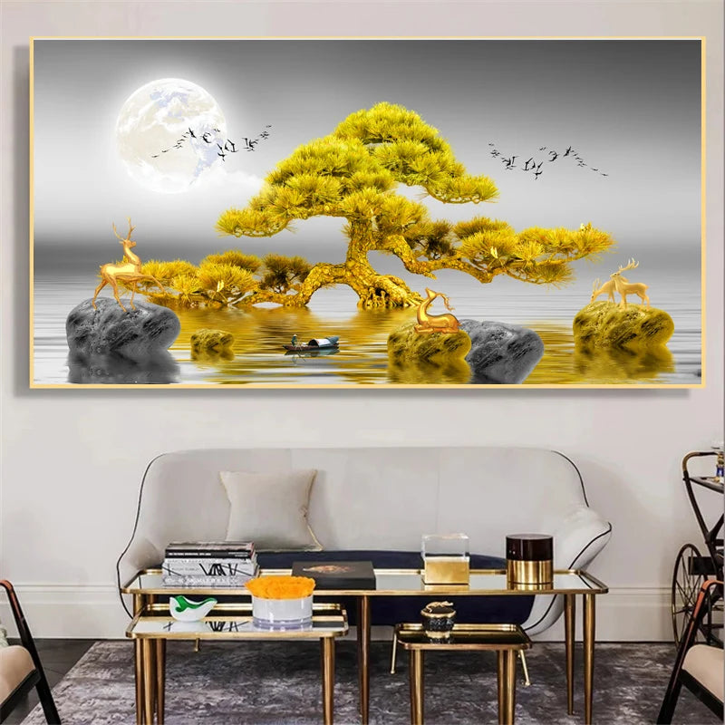 Abstract Luxury Lucky Gold Coin Leaf Golden Rich Tree Canvas Painting Posters and Prints Wall Art Pictures Home Decor No Frame