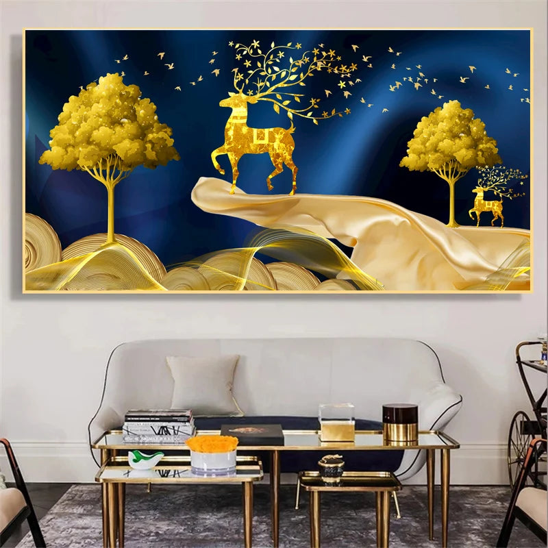 Abstract Luxury Lucky Gold Coin Leaf Golden Rich Tree Canvas Painting Posters and Prints Wall Art Pictures Home Decor No Frame