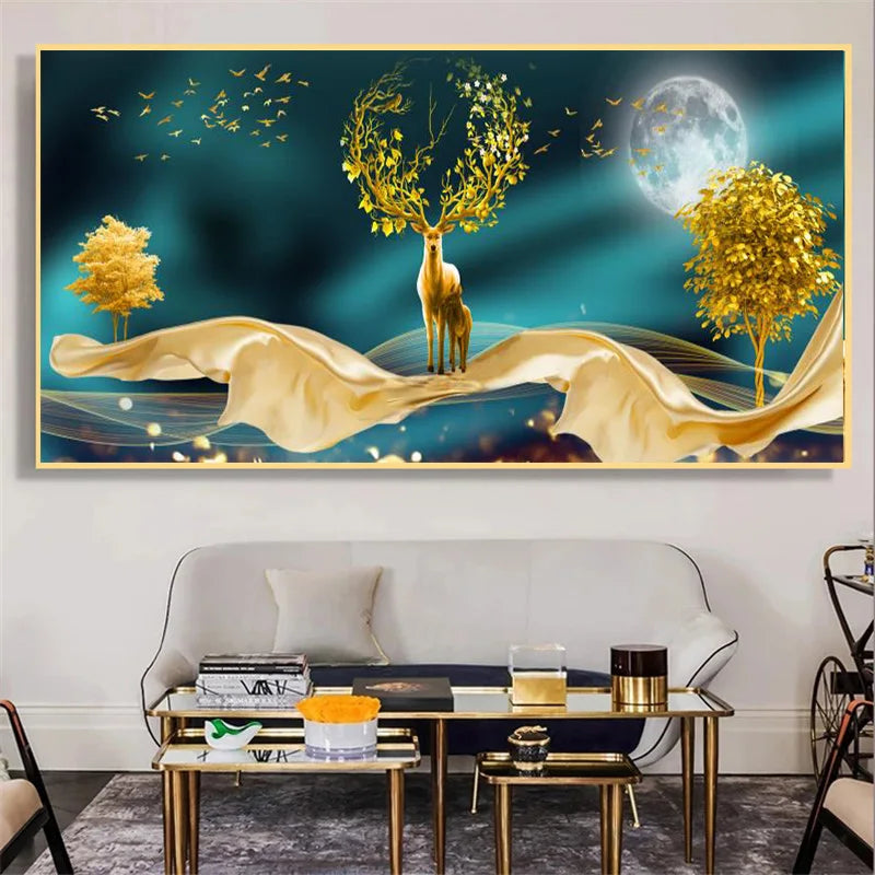 Abstract Luxury Lucky Gold Coin Leaf Golden Rich Tree Canvas Painting Posters and Prints Wall Art Pictures Home Decor No Frame