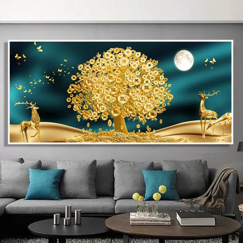 Abstract Luxury Lucky Gold Coin Leaf Golden Rich Tree Canvas Painting Posters and Prints Wall Art Pictures Home Decor No Frame